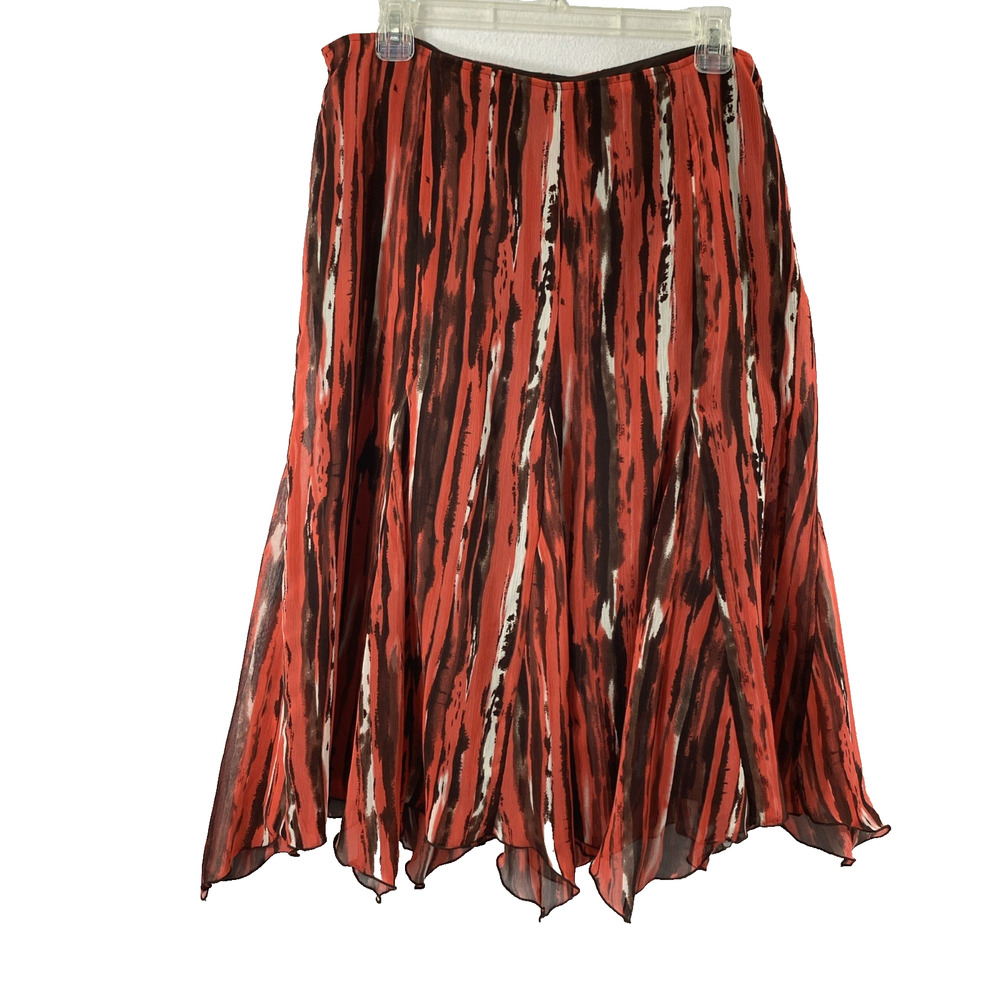 Cato Midi Skirt Womens Size 10 Red Brown Flowy Sheer Asymmetrical Flare Boho